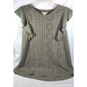 True Self Women's Rayon Blend Laser Cutout Olive Green Flutter Sleeve Top - S